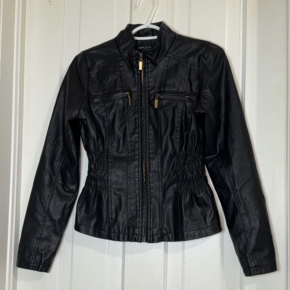 Women's size medium New Look Black pleather Jacket with Gold Accents, soft mtl